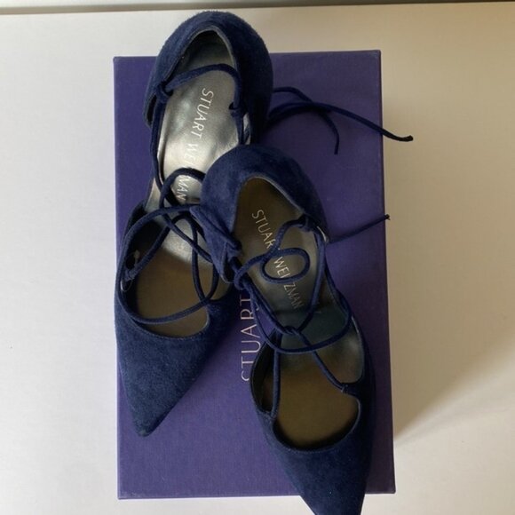 Stuart Weitzman on-a-string blue tie up pointed toe heels - Picture 5 of 12